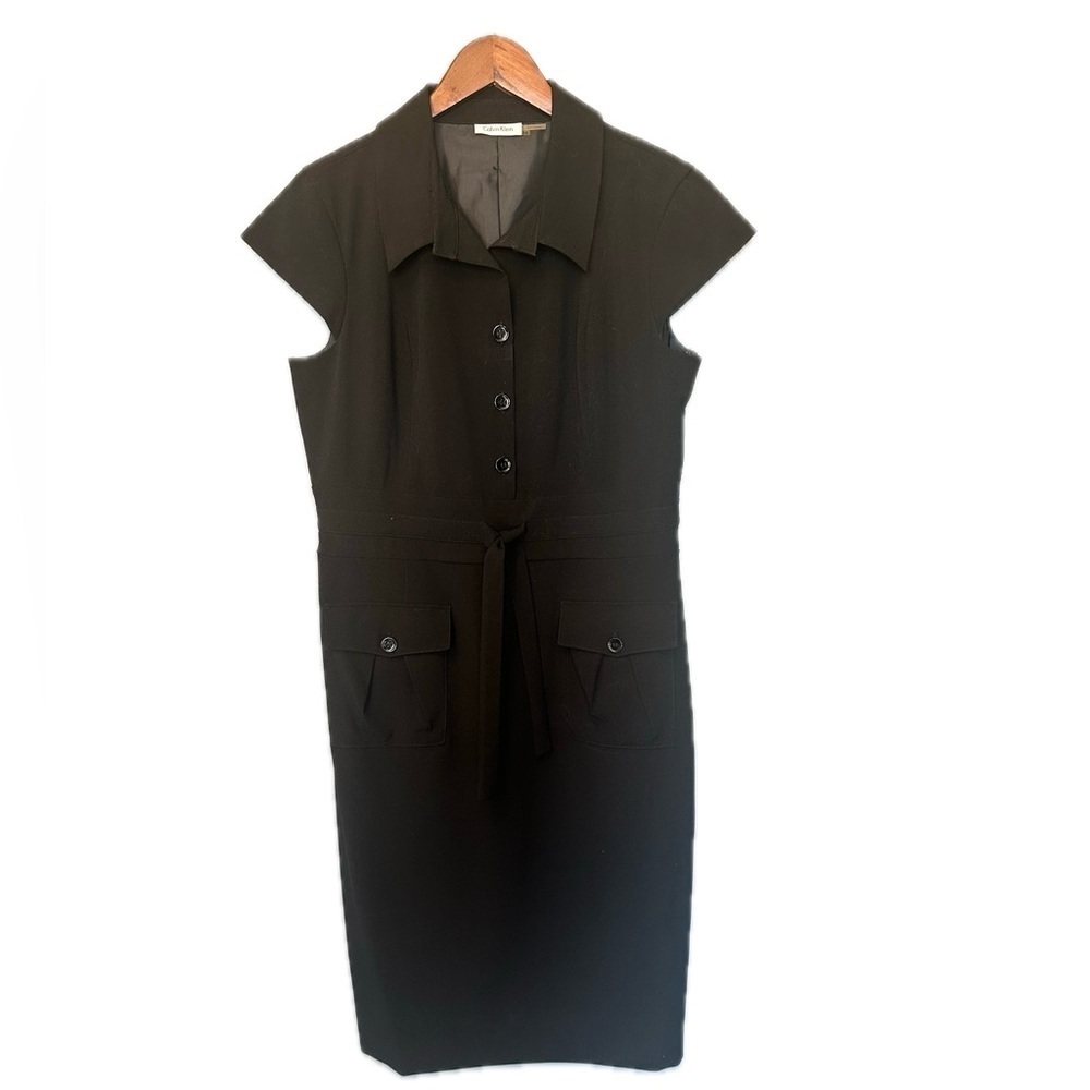 Calvin Klein Women’s Black Tie Waist Lined Career Work Dress Cap Sleeve Size 14
